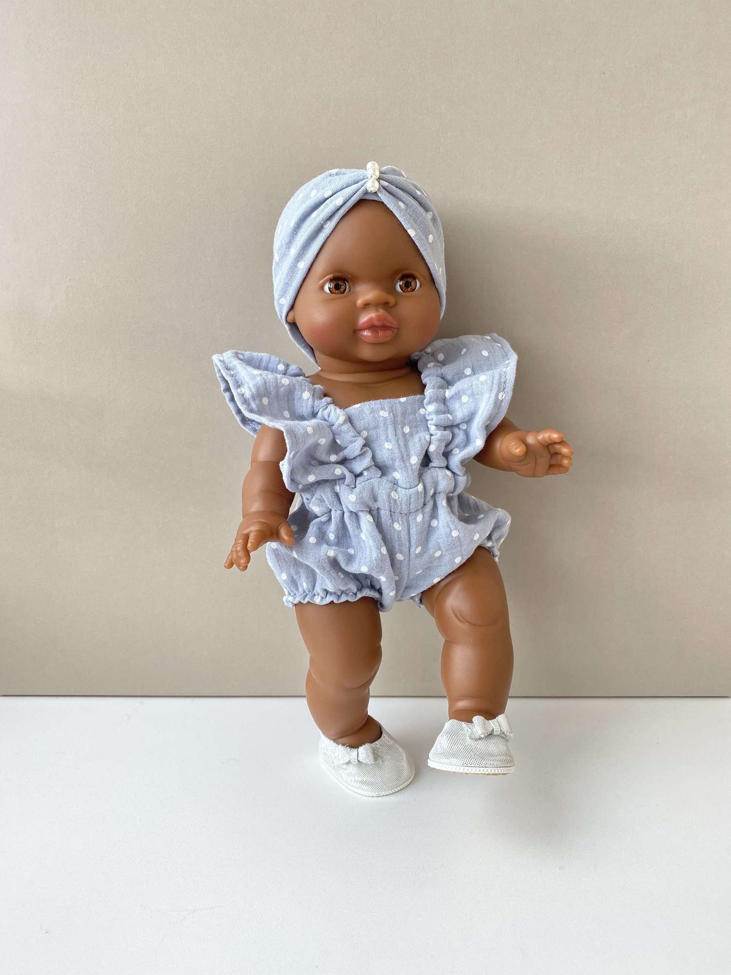 Комбинезон с повязкой голубой в белый горошек